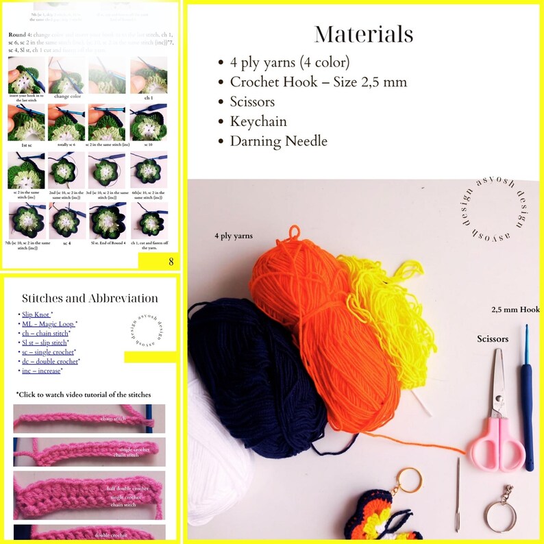 May include: A crafting image featuring four bundles of colorful yarn, a crochet hook, scissors, a keychain, and a darning needle. The image also includes instructions and abbreviations for crochet stitches, with examples of the stitches.