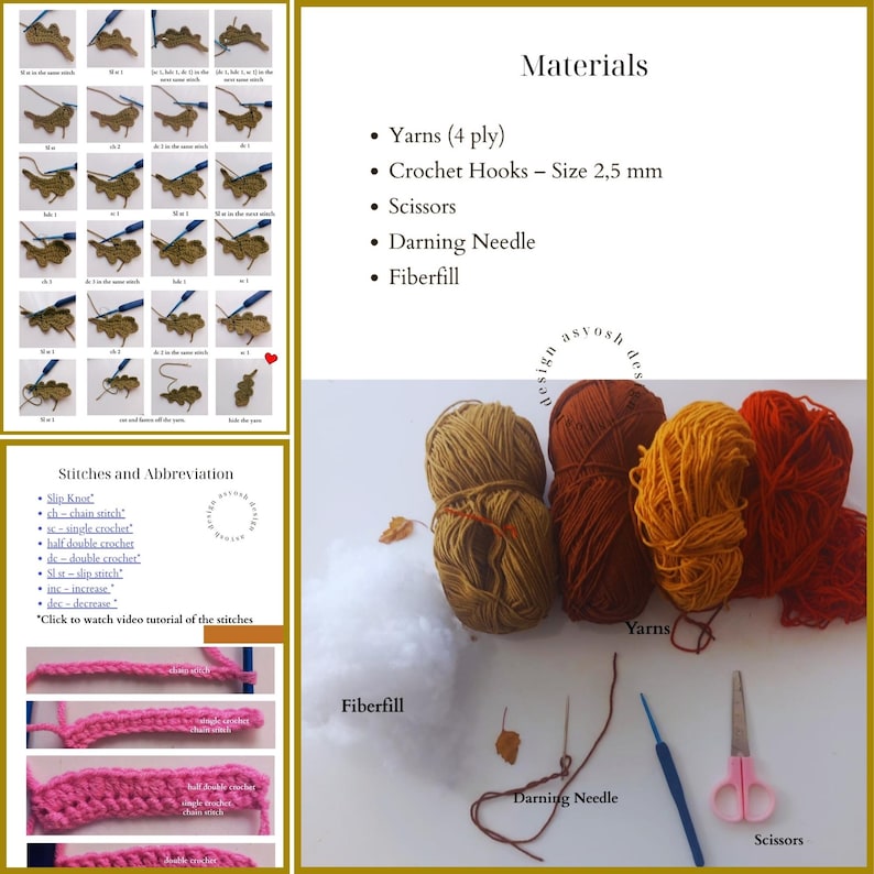 May include: A craft image featuring crochet instructions, yarn, a crochet hook, scissors, and a darning needle. The image includes text detailing stitches, abbreviations, and materials like 4-ply yarns and a 2.5 mm crochet hook. The color palette includes shades of brown, yellow, and pink.