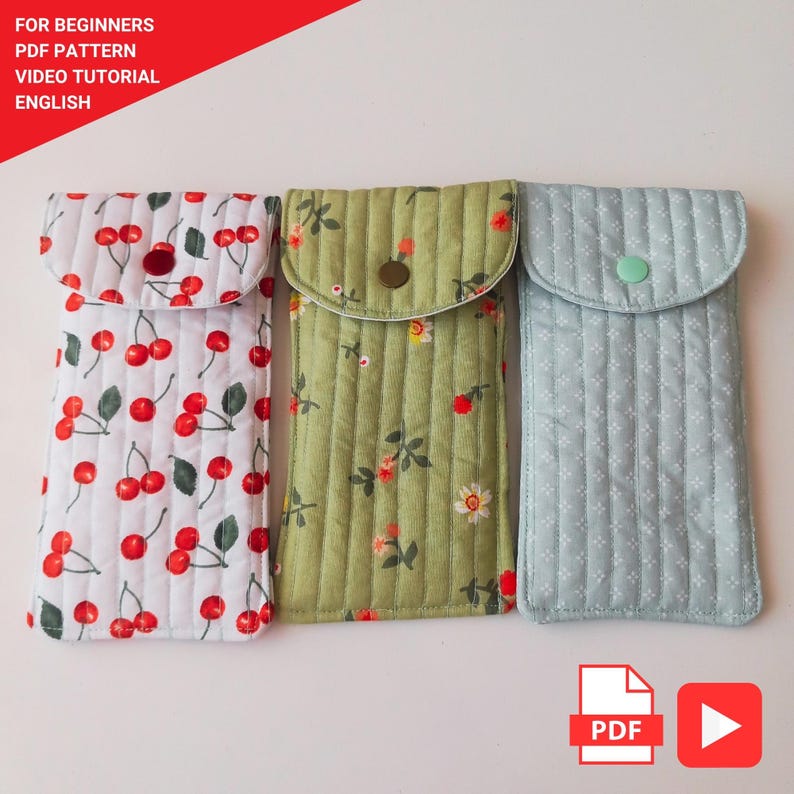 Handmade quilted glasses case with flap, beginner sewing project. Soft padded fabric eyeglass pouch with lining, quilted texture, and secure flap closure. PDF sewing pattern sample shown, protective sunglasses case, cute fabric craft gift idea.