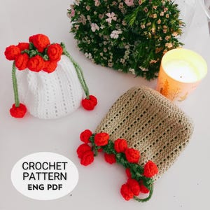 Motif de pochette rose au crochet | Sac à cordon floral fleuri | Cadeau fait main bricolage | Tutoriel photo facile à suivre | Anglais PDF | Petit sac cadeau