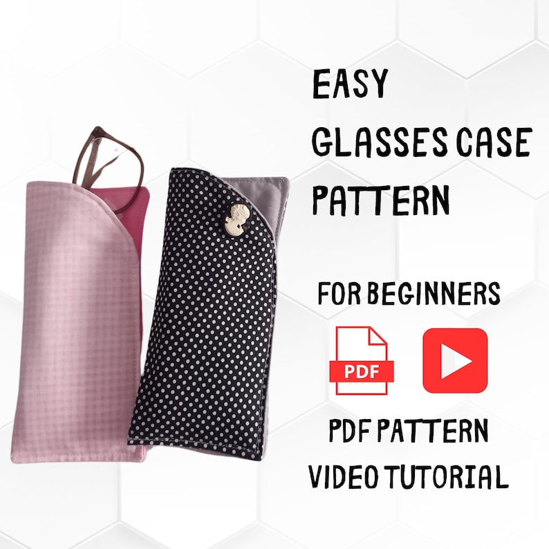 Pu&ograve; includere: Un modello di cucito per un astuccio per occhiali, con un tessuto a pois bianco e nero e un tessuto a quadri rosa e bianco. Il modello include un download PDF e un tutorial video.  EASY GLASSES CASE PATTERN FOR BEGINNERS PDF PATTERN VIDEO TUTORIAL