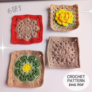 かぎ針編みのおばあちゃんスクエアパターンバンドル 4 in 1 | 花柄のおばあちゃんスクエア | DIY 手作りギフトブランケットバッグモチーフ | わかりやすいチュートリアル