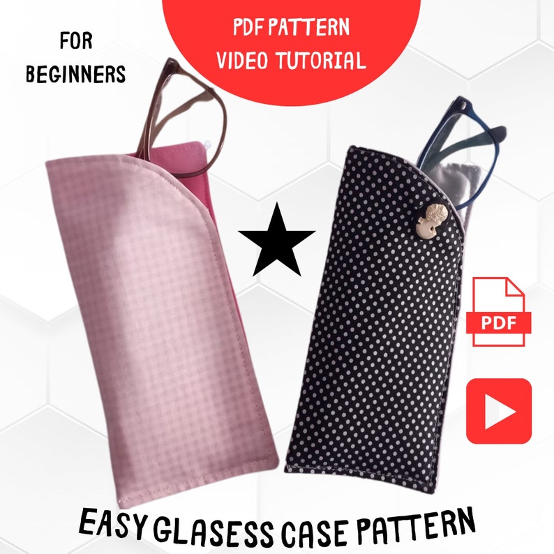 Pu&ograve; includere: Due custodie per occhiali diverse, una rosa con un motivo a scacchi e una nera con pois bianchi. Entrambe le custodie contengono occhiali. L'immagine include il testo "PDF PATTERN VIDEO TUTORIAL" e "EASY GLASSES CASE PATTERN".