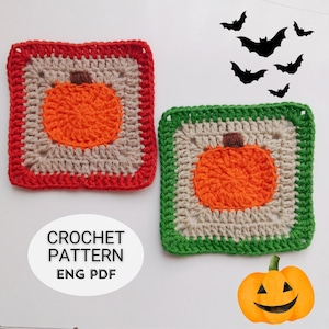 May include: Two crocheted pumpkin squares with red and green borders, and a smiling pumpkin. The squares have orange pumpkins in the center, with brown stems. Black bat silhouettes are in the background. Text on the left says "CROCHET PATTERN ENG PDF".