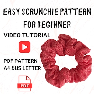 Könnte beinhalten: Ein roter Haargummi aus strukturiertem Stoff. Das Bild enthält den Text "EASY SCRUNCHIE PATTERN FOR BEGINNER VIDEO TUTORIAL PDF PATTERN A4 & US LETTER PDF".