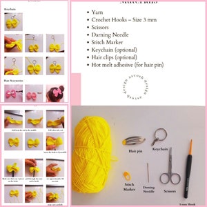 May include: A set of materials for crocheting a yellow bow. The materials include yellow yarn, a 3 mm crochet hook, scissors, a darning needle, a stitch marker, a keychain, a hair pin, and hot melt adhesive. The image also shows instructions for making the bow.