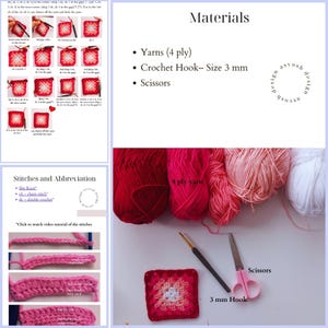 May include: A crafting image showing crochet supplies. It includes red, pink, and white yarn, a 3 mm crochet hook, scissors, and a completed square. Text on the image details materials, stitches, and abbreviations for crochet projects.