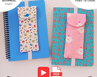 Segnalibro portapenne con patta - Modello di cucito - Tutorial video per principianti - Tasca portapenne amichevole (modello PDF)