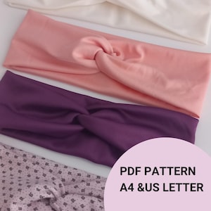 May include: Three fabric headbands in pink, purple, and white. The headbands are twisted and knotted. The image includes the text "PDF PATTERN A4 & US LETTER".
