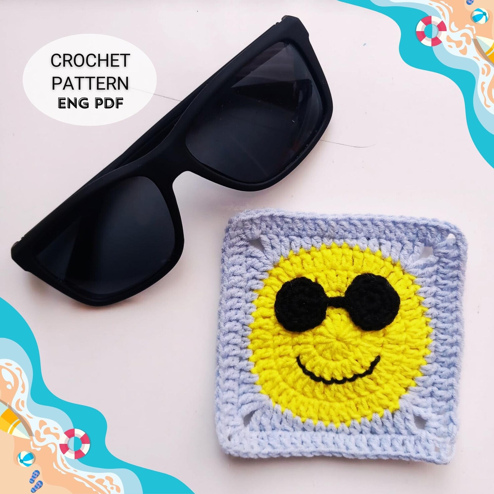 Crochet Smiley Face Granny Square Pattern: Summer DIY - Easy English ...