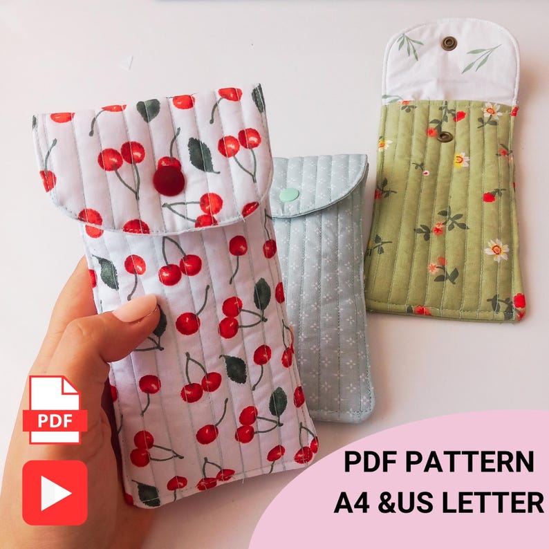 Handmade quilted glasses case with flap, beginner sewing project. Soft padded fabric eyeglass pouch with lining, quilted texture, and secure flap closure. PDF sewing pattern sample shown, protective sunglasses case, cute fabric craft gift idea.
