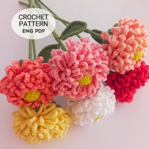 ハンドメイド、オーダー受け付け、菊、ダリア、花束、編みぐるみ、かぎ針、枯れない花 かぎ針編みのダリアのパターン：手作りフラワーブーケの作り方（英語