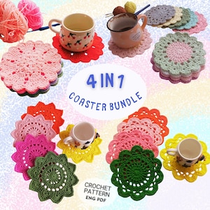 May include: A selection of vibrant, handmade crochet coasters in shades of pink, green, orange, and yellow. The coasters are displayed with mugs and yarn in the background. The text "4 IN 1 COASTER BUNDLE" is visible. The text "CROCHET PATTERN ENG PDF" is also displayed.