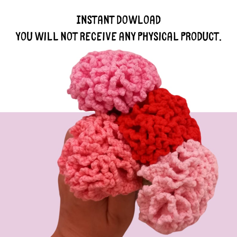 May include: A bouquet of four crocheted carnations in shades of pink and red. The carnations are arranged in a hand.