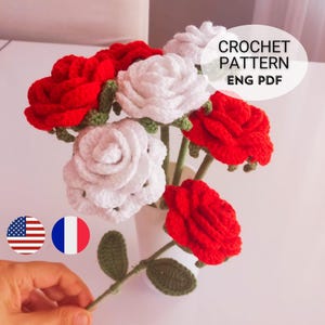 Rose Häkelblume Muster | Blumenstrauß Häkelanleitung, | Einfache Blumen häkeln Muster leicht zu folgen Anleitung Englisch und Französisch PDF