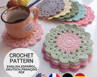 Crochet Flower Coaster Pattern | Floral Coasters PDF Tutorial Beginners Summer DIY Bestseller Patterns (English, Español, Deutsch, Français)
