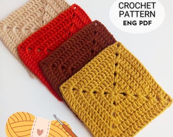 May include: Four crocheted squares in different colours: beige, red, brown, and yellow. The squares have a repeating pattern of holes and stitches. A ball of yellow yarn and a crochet hook are in the bottom left corner. The text "CROCHET PATTERN ENG PDF" is in the top right corner.