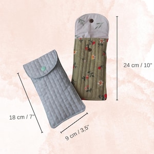 Handmade quilted glasses case with flap, beginner sewing project. Soft padded fabric eyeglass pouch with lining, quilted texture, and secure flap closure. PDF sewing pattern sample shown, protective sunglasses case, cute fabric craft gift idea.
