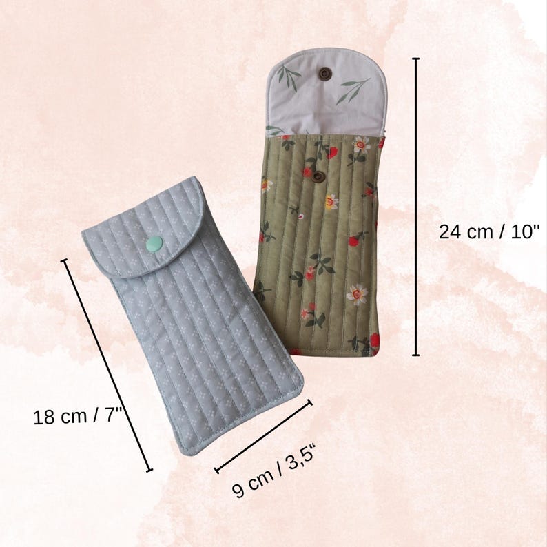 Handmade quilted glasses case with flap, beginner sewing project. Soft padded fabric eyeglass pouch with lining, quilted texture, and secure flap closure. PDF sewing pattern sample shown, protective sunglasses case, cute fabric craft gift idea.