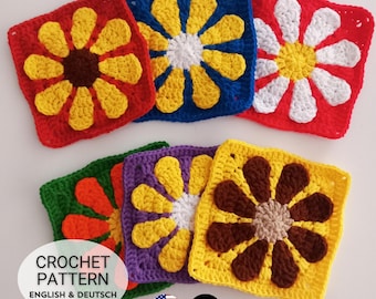 Retro Daisy Granny Square Crochet Pattern | Beginner Easy Motif (English PDF)