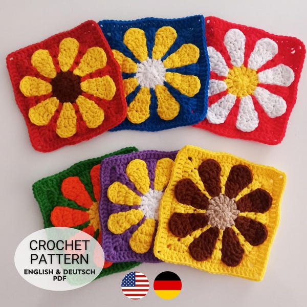Daisy Granny Square Crochet Patterns | EASY Retro Floral Motif (English PDF) DIY Blanket Bag Step by Step Tutorial