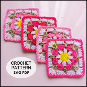 Crochet Flower Granny Square Pattern: Floral Coaster, Blanket, Bag (PDF Download)