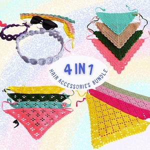 Puede incluir: Una colección de accesorios para el cabello de ganchillo, que incluye diademas y bandanas. La imagen presenta una variedad de colores, como rosa, amarillo, verde y azul. El texto en la imagen dice "4 IN 1 HAIR ACCESSORIES BUNDLE."