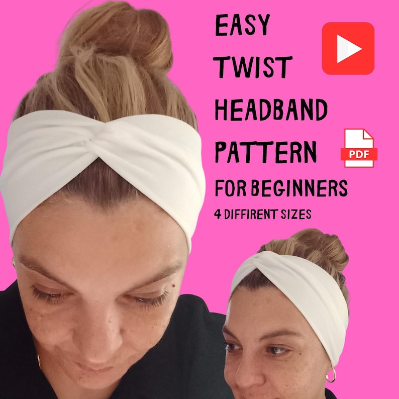 May include: A white twist headband pattern for beginners. The pattern includes instructions for four different sizes. The image shows two women wearing the headband.