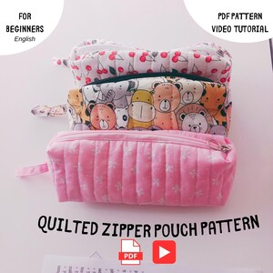 Handmade quilted pencil case, beginner sewing project. Soft padded fabric zipper pouch with lining, quilted texture. PDF sewing pattern cute fabric craft gift idea. quilted pencil case sewing pattern, zipper pouch sewing pattern, pencil case sewing tutorial, easy sewing project, beginner sewing pattern, diy fabric pouch, zippered bag pattern, quilted pouch tutorial, sewing pattern pdf, fabric scrap project, handmade gift idea, sewing for beginners, asyosh handmade