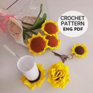 Crochet Sunflower Pattern Bundle 3 in 1 | Sunflower Bouquet, Keychain and Coaster Set Crochet Pattern, | Easy Flower Crochet Patterning