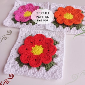 Motivo a uncinetto per quadrato della nonna con fiori 3D / Quadrato della nonna floreale / Motivo per borsa coperta regalo fatta a mano fai da te / Facile da seguire / Quadrato con fiori 3D