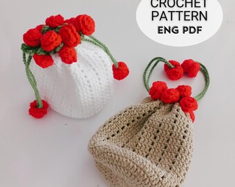 かぎ針編みのバラのポーチの型紙：花柄の巾着袋（PDFダウンロード
