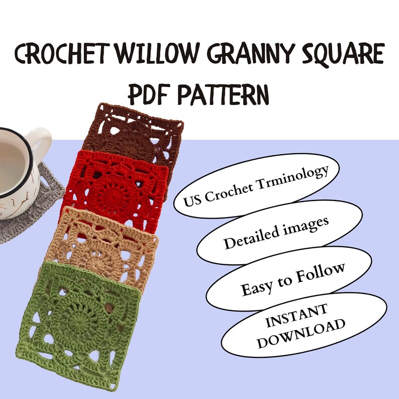Willow Granny Square, Crochet Granny Square Pattern, Willow Square Pattern, Granny Square Blanket Pattern, Crochet Blanket Square, Granny Square Crochet PDF, Beginner Crochet Pattern, DIY Crochet Square, Crochet Home Decor, Afghan Square Pattern,