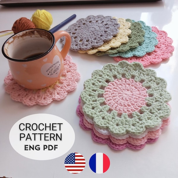 Motif de dessous de verre fleuri au crochet | Sous-verres floraux DIY faciles motifs printaniers au crochet | BEST-SELLER | Anglais et français PDF