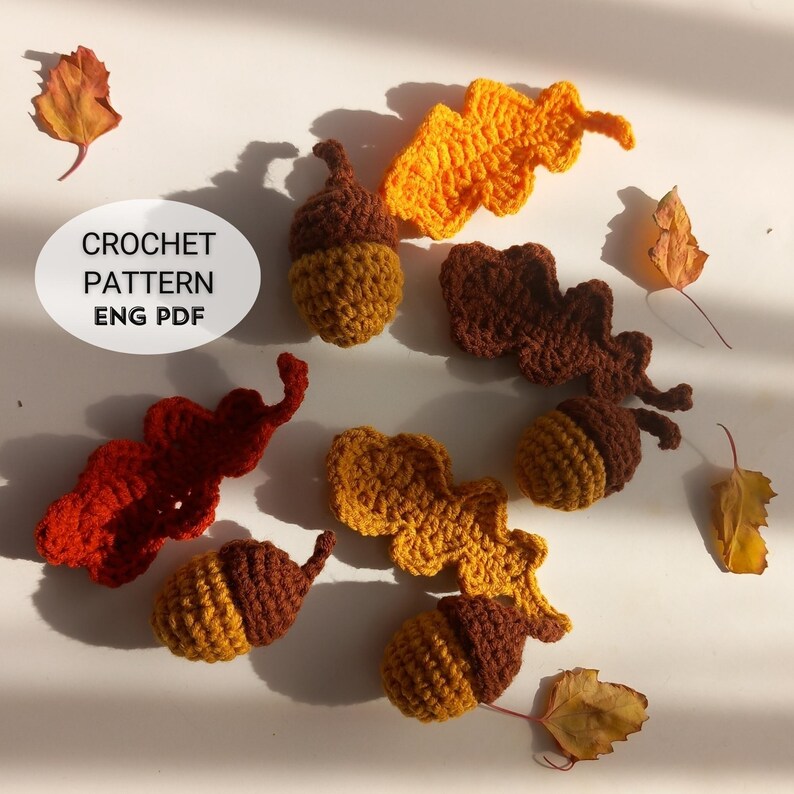 Crochet Fall Garland Pattern PDF with oak leaves and acorns, DIY crochet autumn garland for rustic home decor, handmade crochet leaf and acorn design, beginner friendly crochet tutorial with step by step photos, instant download digital crochet pattern for Thanksgiving decorations, farmhouse mantel garland, cozy crochet wall hanging, eco-friendly reusable fall decor, DIY crochet home project, unique handmade gift idea, autumn crochet table and party decoration.