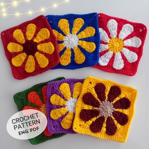 Modelli all'uncinetto per quadrati della nonna con margherite / Quadrato della nonna floreale / Motivo per borsa coperta regalo fatta a mano fai da te / Tutorial facile da seguire / Sottobicchiere a fiori