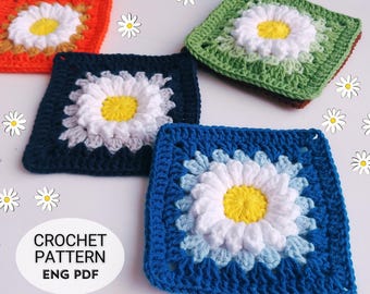 Crochet Daisy Granny Square Pattern: 3D Flower Motif (English PDF Download) Easy For Beginners