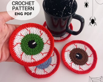 Crochet Eyeball Coaster Patterns | Crochet Halloween Pattern - Fun Gift Idea - Unique Halloween Decor - Easy To Follow Tutorial -English PDF