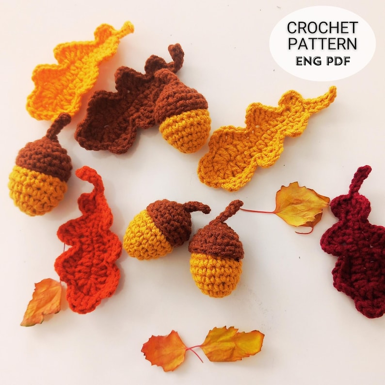 Crochet Fall Garland Pattern PDF with oak leaves and acorns, DIY crochet autumn garland for rustic home decor, handmade crochet leaf and acorn design, beginner friendly crochet tutorial with step by step photos, instant download digital crochet pattern for Thanksgiving decorations, farmhouse mantel garland, cozy crochet wall hanging, eco-friendly reusable fall decor, DIY crochet home project, unique handmade gift idea, autumn crochet table and party decoration.