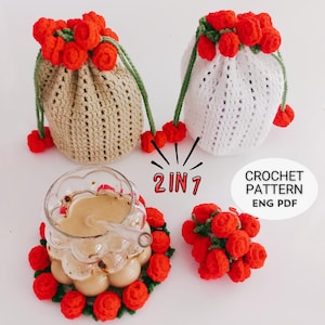 Crochet Rose Pouch & Rose Coaster Pattern | Floral Crochet 2 in 1 | DIY Handmade Gift Small Gift Bag | Easy To Follow Tutorial | English PDF
