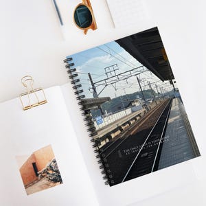 Può includere: Quaderno a spirale con una fotografia di una stazione ferroviaria, che mostra binari, cavi aerei e una piattaforma sotto un cielo blu. Il testo "THE ONLY LIMIT IS YOUR MIND" è stampato sul quaderno.