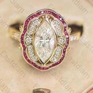 Pink Ruby Halo Diamond Ring, Unique 12x6 MM Marquise Cut Moissanite Anniversary Ring, Bezel Set Modern Ring, 18k Gold Vintage Art Deco Ring