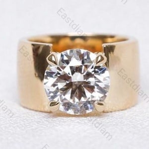 Anillo de banda ancha, anillo antiguo con diamante grande, anillo de moissanita incolora de corte redondo de 10 mm, anillo de 4 puntas con anillo de plata 925, anillo solitario grueso