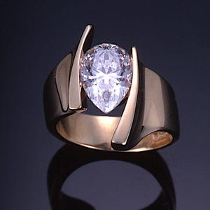 Pretty Tension Setting Ring, 925 Silver Wide Ring, 10x7 MM Pear Cut Colorless Moissanite Diamond Engagement Ring, Stylish Ring for Women