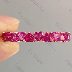 925 Silver Band, 3 MM Heart Cut Pink Ruby Gemstone Wedding Band, Alternative Heart Diamond Band, Full Eternity Band, July Birthstone