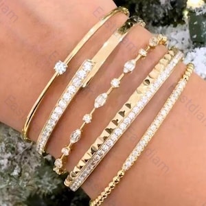 Damesarmband met kralenontwerp en effenen, 4,5 mm rond geslepen moissaniet enkele armband, 1 zijrij diamanten armband, baguettestation halve armband