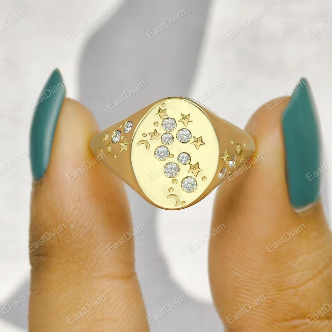 Star Promise Rings Starburst Diamond Signet Ring, Celestial Constellation Ring, Pinky ...