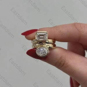 Anillo de diamantes con engaste de bisel descentrado, anillo de moissanita de corte ovalado de este a oeste, anillo solitario de diamante con circonita cúbica de corte esmeralda de 8 x 6 mm, anillo de bodas de plata