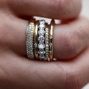 Three Row Half Eternity Band, Round Cut Moissanite Diamond Engagement Band, Flush Setting Three Stone Band, 925 Silver Stacking Wedding Ring