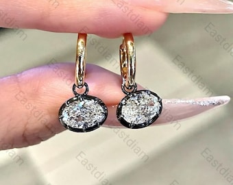 Gypset Hoop Earrings Oval Moissanite Set In Georgian Style Cut-Down Setting Blackened White Gold & Yellow Gold Georgian Look Earring